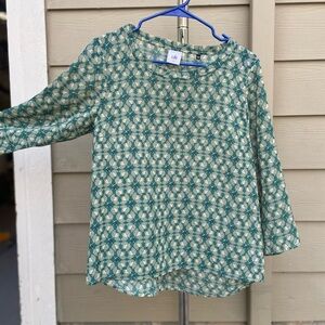 CAbi Teal and Cream Patterned Top